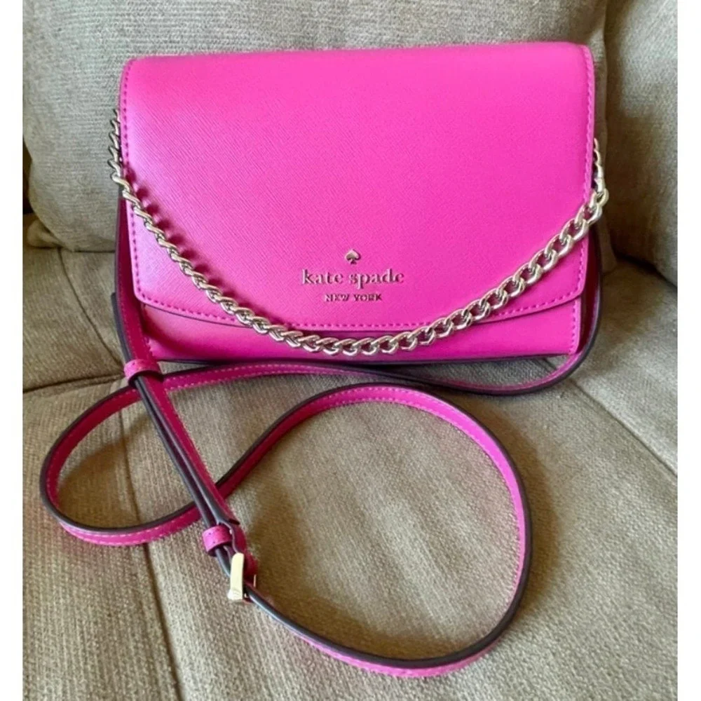 Kate Spade New York Pink Saffiano Leather Crossbody Bag Gold Chain Accent Barbie